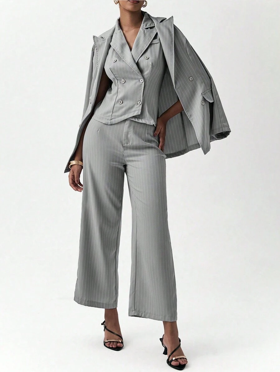 Chiquease Women's Front Button Collared Striped Blouse And Pants Casual Suit Set - Grey - View 1