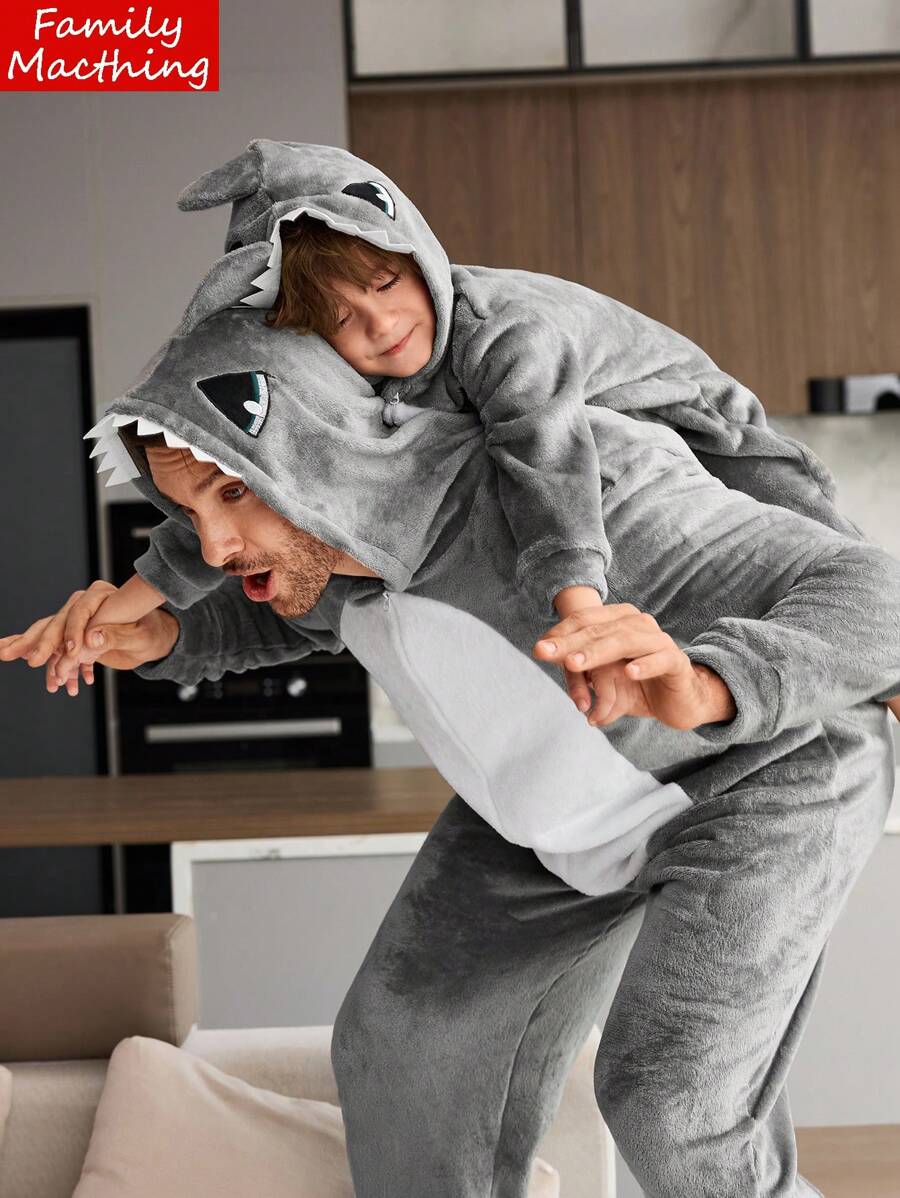 Young Boy Pajamas - 1pc Comfy & Warm Gray Minimalist Shark Pattern Hooded Jumpsuit (Daddy And Me Matching Outfits - Sold Separately) - Grey - View 1