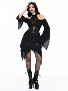 ROMWE Gothic Mesh Embroidered Off-Shoulder Puff Sleeve Asymmetrical Hem Ladies Dress - Black - View 6
