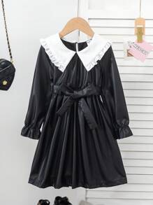 Vestido negro de manga larga y talle ajustado con cinturón a juego, estilo punk para niña joven, primavera/otoño