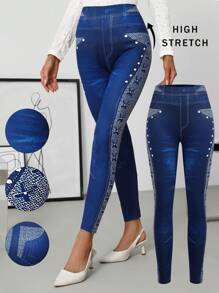 SHEIN Clasi Quần legging in họa tiết denim cỡ lớn cho nữ, màu xanh navy, trang phục thanh lịch hàng ngày & đa năng, mùa xuân - Rửa tối - Xem 5