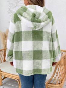 SHEIN LUNE Chaqueta gruesa con capucha de forro polar a cuadros de manga larga para mujer de talla grande para otoño/invierno - verde menta - Ver 2