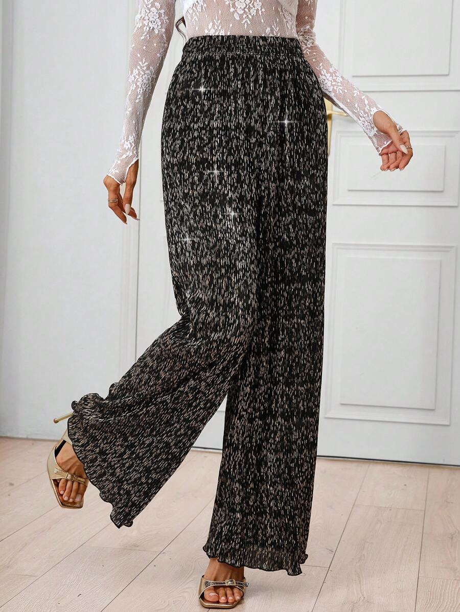 SHEIN Clasi 女式金属箔褶皱阔腿休闲裤 - 彩色 - 查看 1