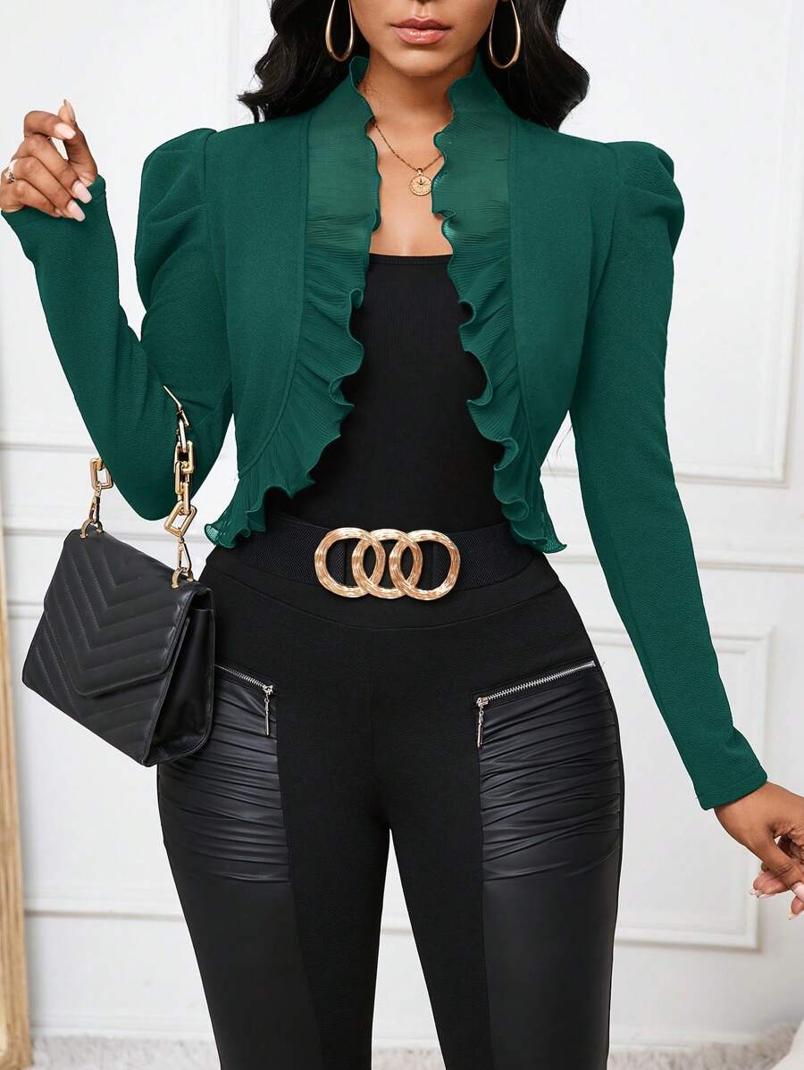 SHEIN Lady 雪纺褶裥荷叶边前开长袖夹克 - 墨綠色 - 查看 1