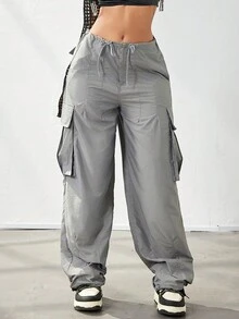 街頭風腰部抽繩闊腿降落傘工裝運動褲