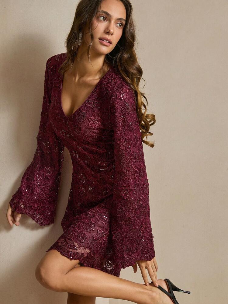 Women's Burgundy V-Neck Long Sleeve Midi Dress, Vintage Floral Embroidered Details, Elegant Party Wear, Autumn/Winter Lace Women Outfit