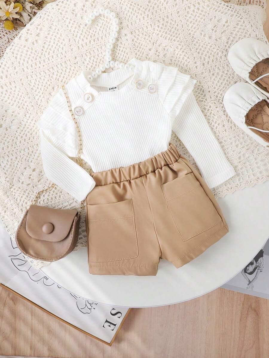 SHEIN Baby Girls' Elegant Fashion Outfits, Spring & Autumn - Apricot - View 1