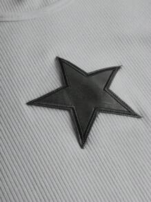 SHEIN Girlism Tween Girl Fitted Casual Ribbed Star Pattern T-Shirt And Ruched Pants 2pcs Set - Grey - View 5