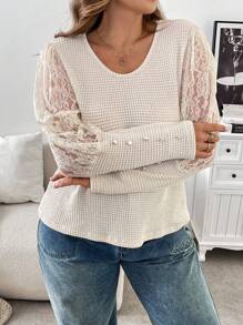 SHEIN Frenchy Blusa larga de punto de color albaricoque con parches de encaje elegante para mujer de talla grande