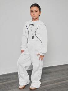 2 piezas Conjunto casual para niña (talla grande) blusa con capucha y pantalón de chándal blanco
