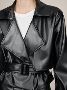 BizChic 女士黑色长袖仿皮夹克，优雅通勤装，适合感恩节、假日、新年等场合 - 黑色 - 查看 5