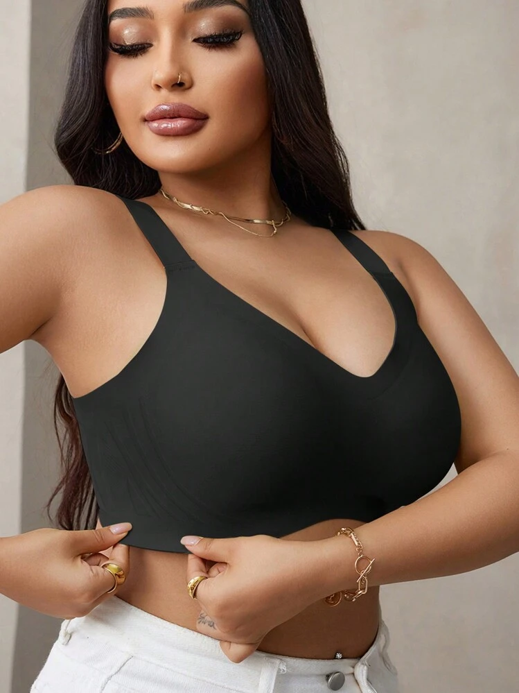 SHEIN Sutiã sem costura Plus Size para mulheres com faixas de gel e suporte macio, sutiã lift up sem fios - Preto - Visão 3