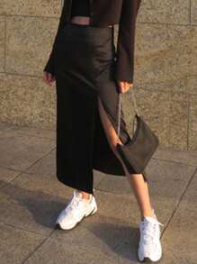 DAZY Women's Slit-Up-To-Thigh Long Skirt - Black - View 11