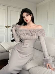 Feyla Women's Solid Color Off-Shoulder Fluffy Splice Elegant Long Sleeve Dress Long Evening Dresses - Khaki - View 3