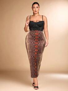 SHEIN BAE Plus Size Herfst Elegante Sexy Vrouwen Dierenprint Slangenprint Mesh Print Slim Fit Bruine Rok