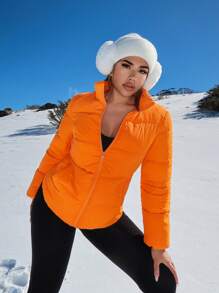 SHEIN SXY Women's Solid Color Zip-Up Collar Casual Down& Feathers Jacket, Winter