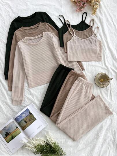 9 pièces Ensemble de vêtements de détente femme avec Top col rond à manches longues, débardeur et pantalon. Tenue confortable pour l'automne et l'hiver