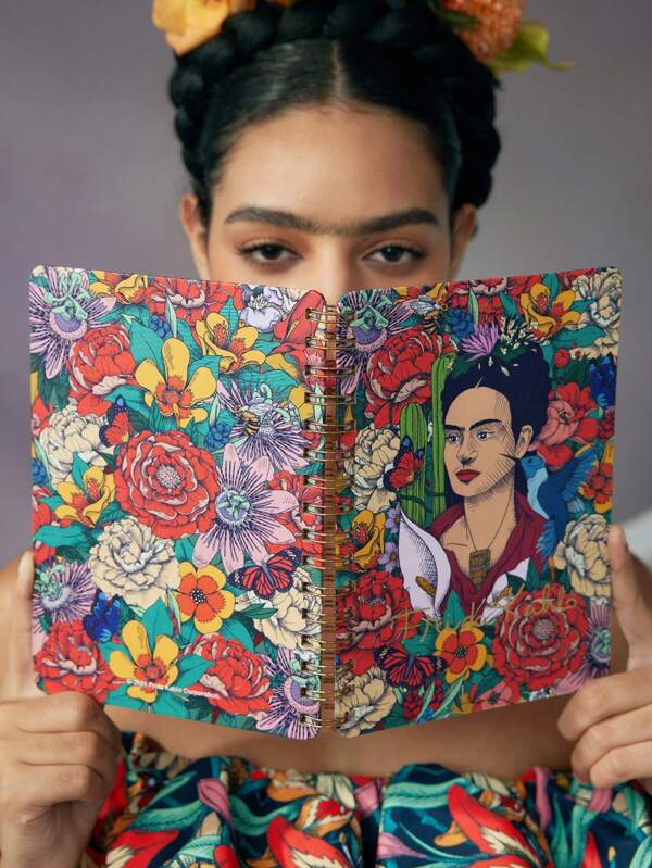 Frida Kahlo X SHEIN Figure & Floral Butterfly Pattern Notebook,Gifts