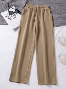 INAWLY 女士纯色抽绳宽松阔腿休闲运动裤 - 駝色 - 查看 3