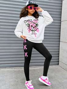 SHEIN Leap Crew Tuta sportiva in pile con girocollo e pantaloni, set per ragazze pre-adolescenti di - Bianco e nero - Visualizzare 1
