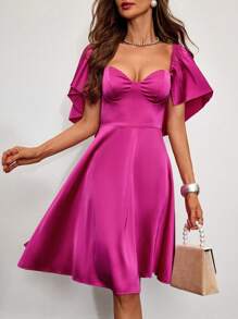 Allurite Ruffle Trim Strapless Peplum Party Dress With Flare Sleeves