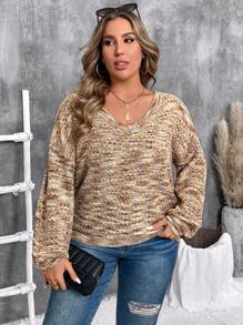 SHEIN LUNE Plus Size Casual V-Neck Gradient Pullover Sweaterbusiness Casual Woman,Holiday Outfits,Country Tops - Multicolor - View 6