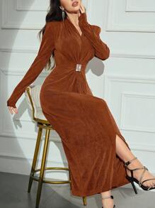 Modelyn Women's Long Sleeve V-Neck Rhinestone Embellished Waist Dress, Spring And Autumn Long Evening Dresses - Brown - View 4