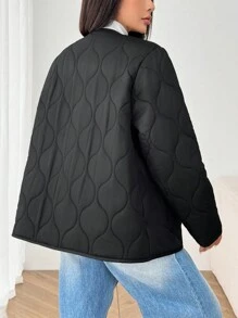 SHEIN EZwear Cardigan col rond noir et blanc pour femmes grandes tailles, doublure matelassée chaude, veste d'hiver casual pour le quotidien, l'école, les sorties