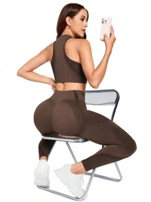 SHEIN Yoga Basic Bộ đồ tập thể thao & yoga liền mạch 2 món cho nữ Bộ đồ tập legging cho nữ - Cà phê nâu - Xem 6