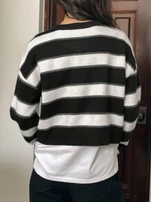 DAZY Women's Autumn New Casual Vintage Striped V-Neck Loose Knitted Sweater - Black - View 7