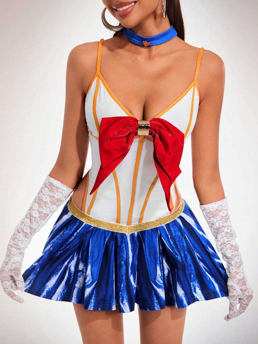 SHEIN SXY Đầm mini dây mảnh trang trí nơ màu tương phản dành cho nữ kèm phụ kiện xích body - Nhiều màu - Xem 1