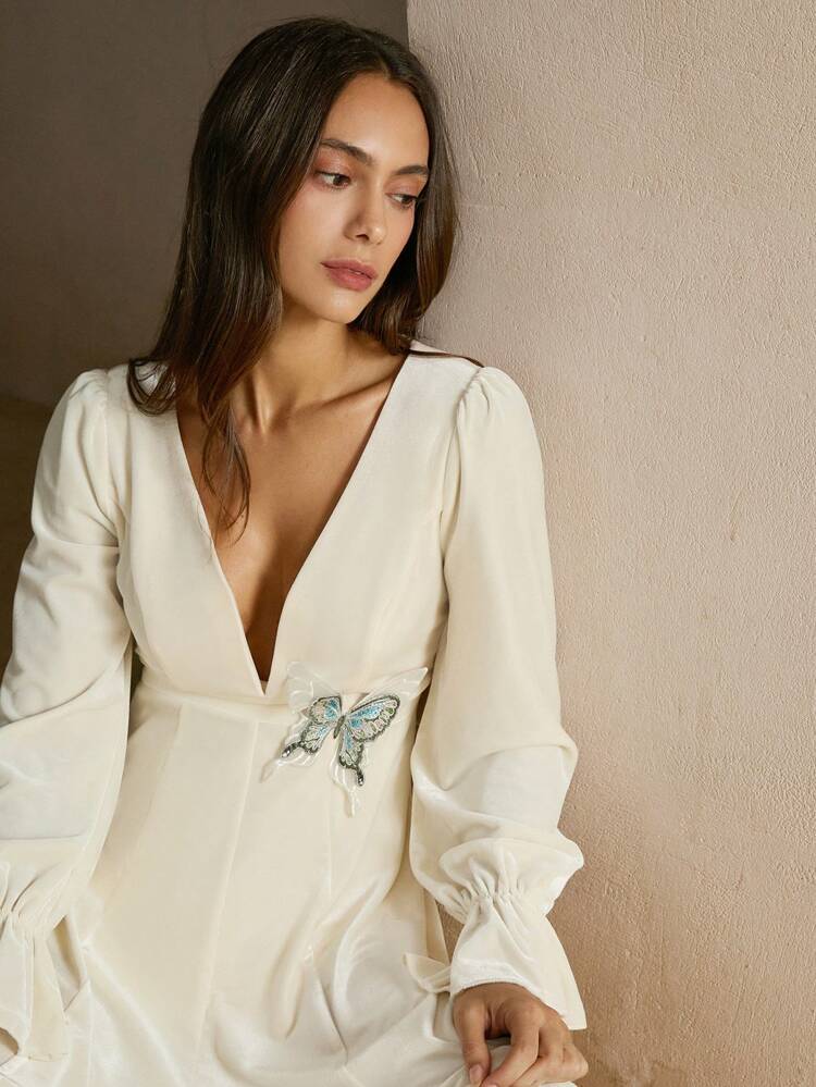 V-Neck High Waist Lantern Sleeve Butterfly Decor Elegant Dress