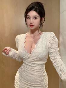 DAZY Women's Solid Color Lace Ruffle Bodycon Dress,Fall Clothes Long Sleeve Dress