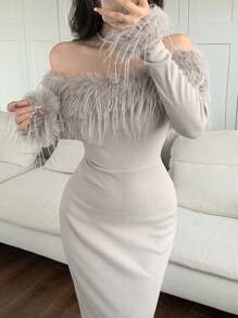 Feyla Women's Solid Color Off-Shoulder Fluffy Splice Elegant Long Sleeve Dress Long Evening Dresses - Khaki - View 1