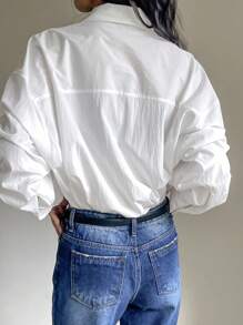 DAZY Áo sơ mi công sở tay dài màu trơn rộng rãi thoải mái cho nữ - trắng - Xem 4