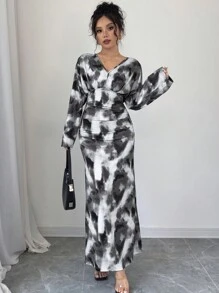 Firerie 女士V领宽松长袖水墨画图案长裙，适合秋季、教师、商务休闲、返校 - 彩色 - 查看 4