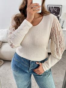 SHEIN Frenchy Blusa larga de punto de color albaricoque con parches de encaje elegante para mujer de talla grande
