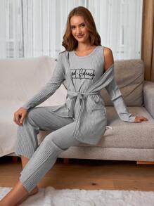RueChic 3Pcs  Slogan Printed Homewear Set - Light Grey - View 4