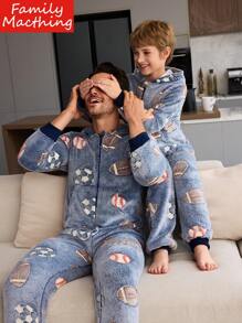 青少年男孩睡衣 - 蓝色简约舒适夜光恐龙毛绒长袖连帽连体衣（爸爸和我的配套服装 2 件单独出售） - 藍色 - 查看 3