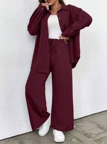 Elenzga 2pcs Plus Size Solid Color Buttoned Front Long Sleeve Top And Knot Detail Long Pants Casual Outfit Fall Cloth For Women