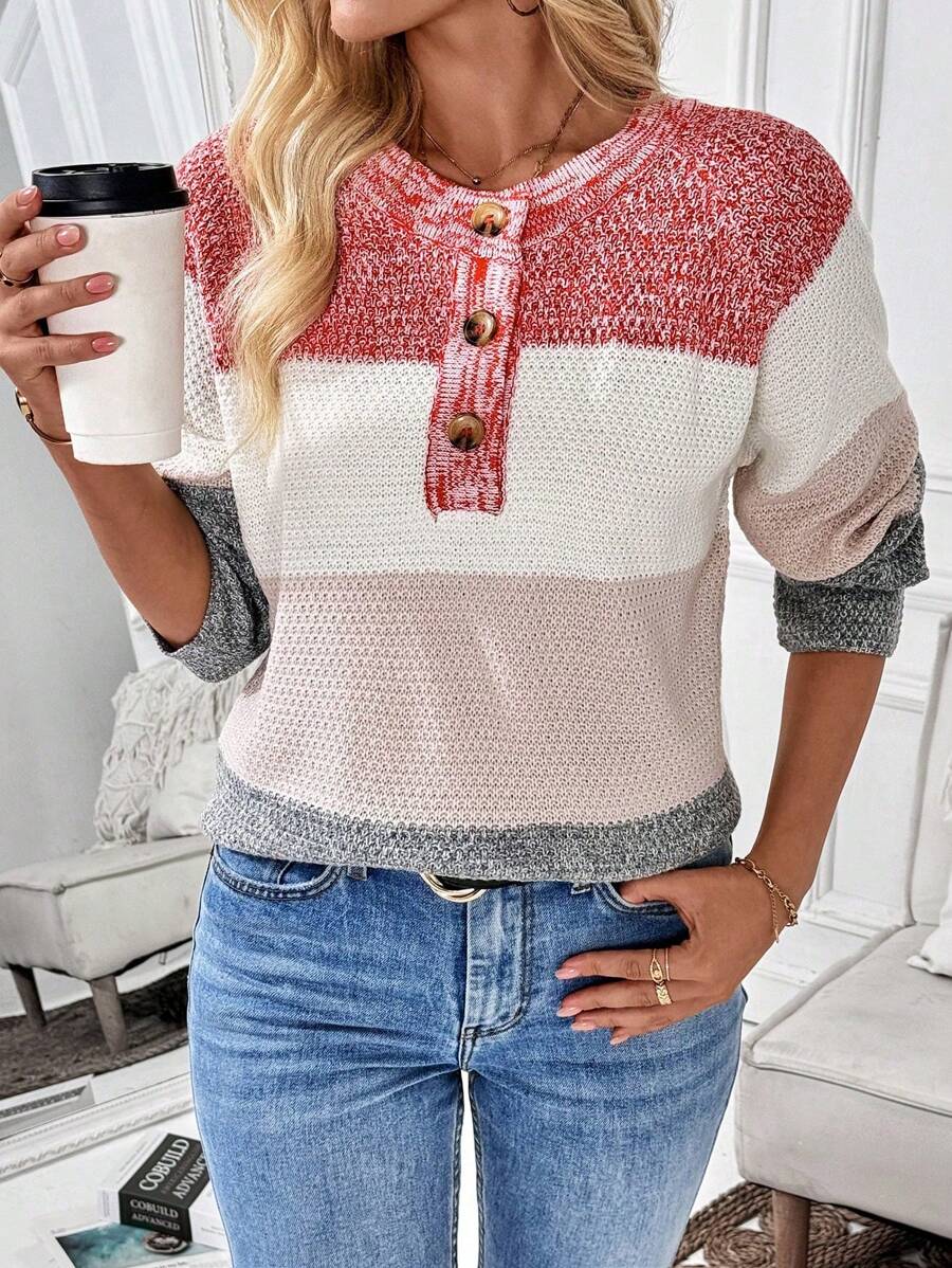 SHEIN LUNE Contrast Color Mixed Yarn V-Neck Long Sleeve Sweater, Knit Pullover Fall Winter - Multicolor - View 1