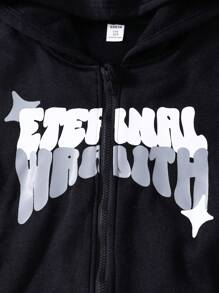 SHEIN Tween Boys Casual Letter Print Long Sleeve Jacket - Black - View 5