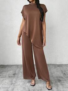 SHEIN Privé 2pcs Set Women Minimalist Elegant White Collared Dolman Sleeve Asymmetric Hem Loose Fit T-Shirt & Wide Leg Pants