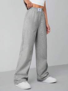 SHEIN PETITE Blauwe geweven, met garen geverfde gestreepte broek voor dames