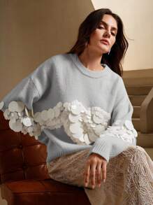 Anewsta Hand-Embellished Bead & Sequin Soft Knit Sweater Knit Pullover Fall Winter Outfit - Grey - View 5