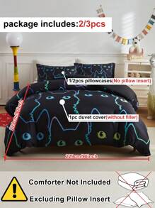 2/3 件儿童彩色条纹猫图案数码印花床上用品套装，可爱卡通儿童羽绒被套和枕套套装，适合所有季节（1/2 枕套 + 1 羽绒被套）