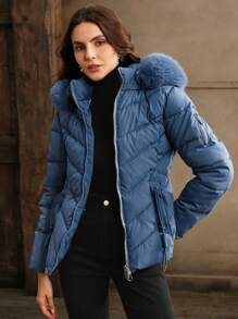 Anewsta Women's Fashionable Minimalist Solid Color Zip-Up Fluffy Trim Hooded Casual Jacket - Blue - View 3