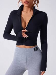 Women Spring/Autumn Solid Color Zipper Collar Long Sleeve Fitted Crop Jacket - Black - View 1