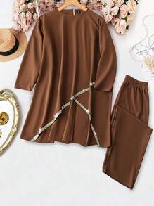2pcs/Set Plus Size Crew Neck Short Sleeve Casual Loose Top And Elastic Waist Straight Leg Pants - Coffee Brown - View 1