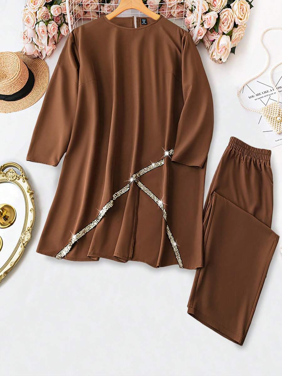 2pcs/Set Plus Size Crew Neck Short Sleeve Casual Loose Top And Elastic Waist Straight Leg Pants - Coffee Brown - View 1